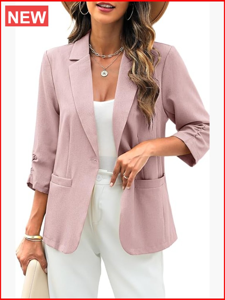 Linen Blazer 3/4 Ruched Sleeves Lightweight Slim Fit Jacket With Pockets Half